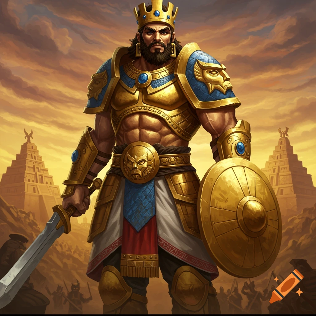 A king in golden armor with sword and shield, standing before pyramids at sunset.