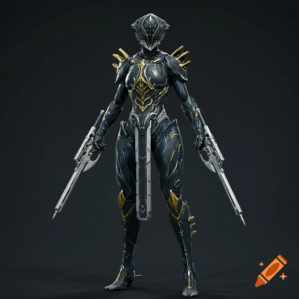 A Warframe-themed character in dark and gold armor holding two firearms.