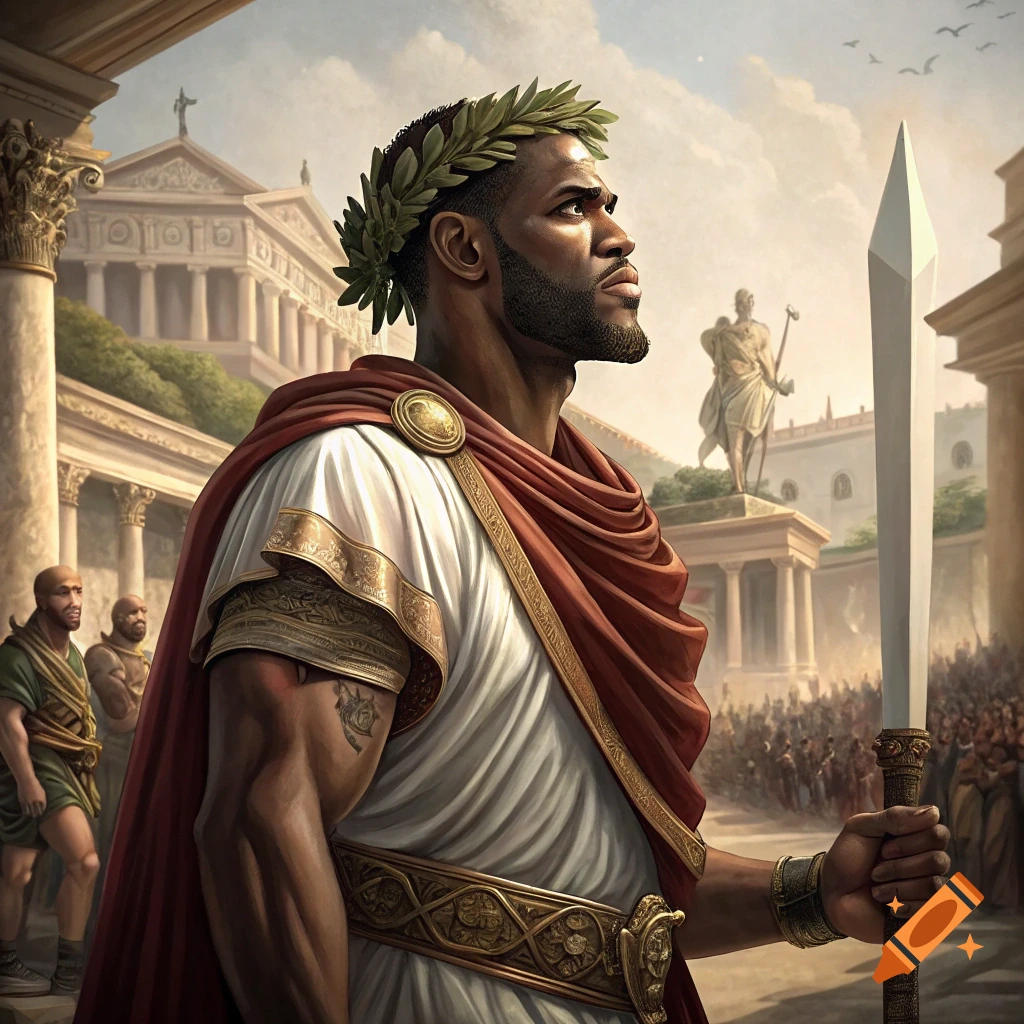 LeBron James depicted as a Roman emperor holding a sword in a city square.