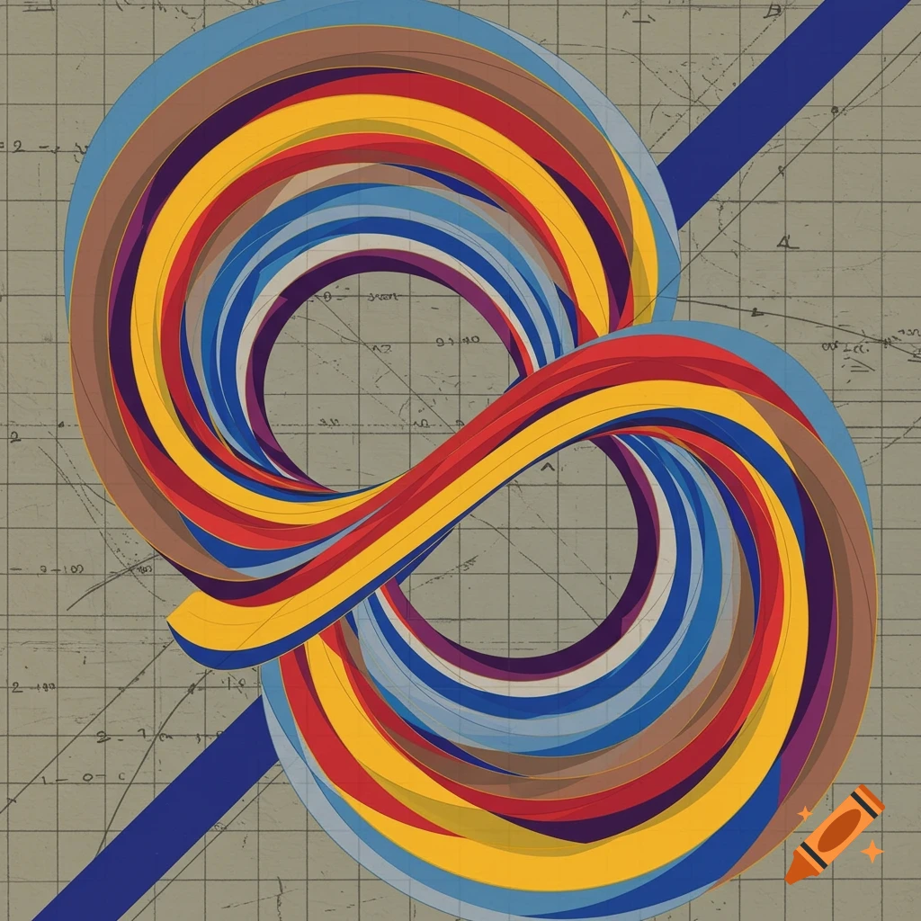 Abstract optical illusion with colorful twisted ribbons on a grid background and a diagonal blue line.