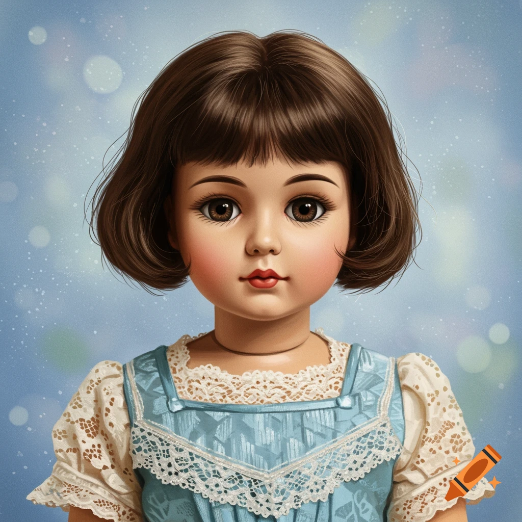 A vintage doll with brown hair, big brown eyes, and a blue lace dress on a blue background.