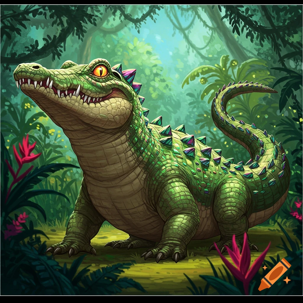 Cartoon crocodile in a lush jungle environment.