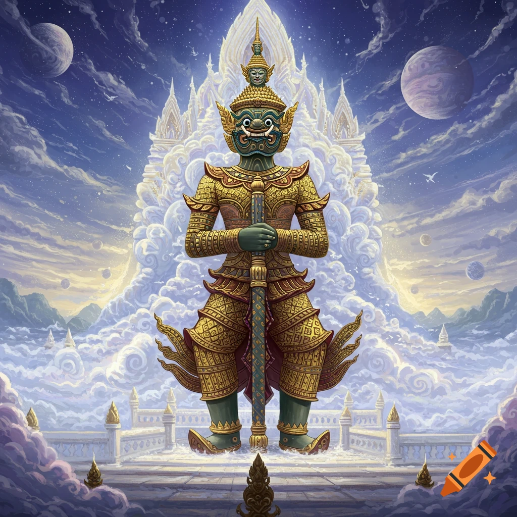 A giant green figure in ornate golden armor stands on a platform in a celestial palace with planets in the sky.