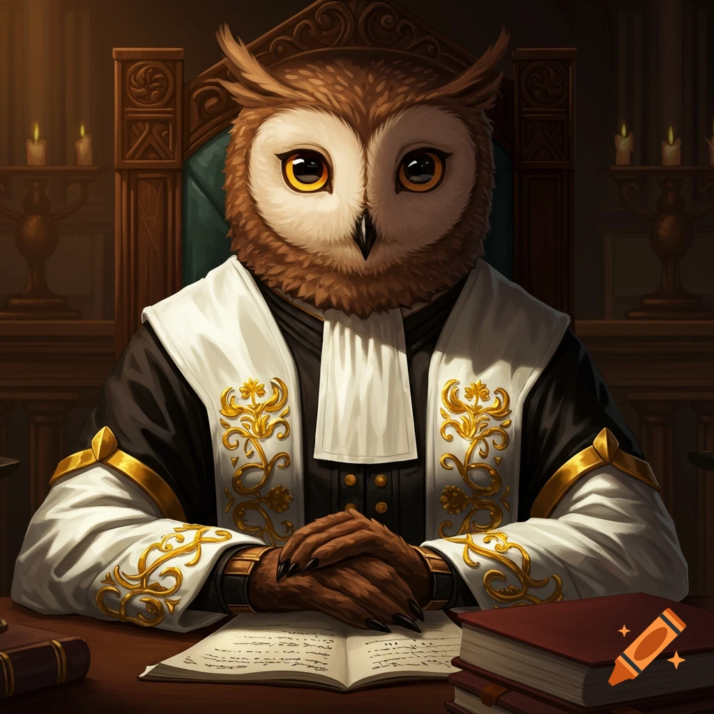 An anthropomorphic owl wearing judge's robes sits at a desk with books.