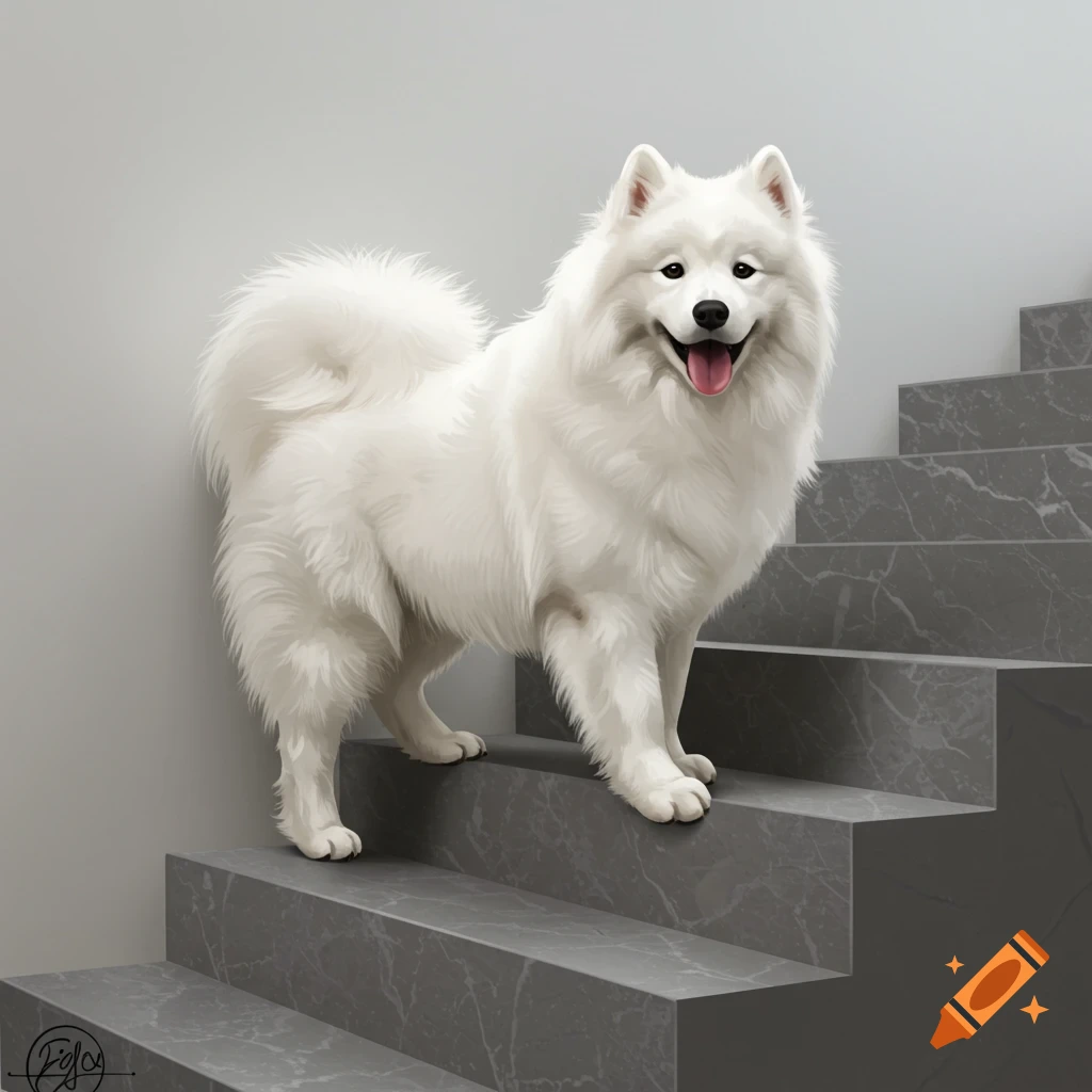 A fluffy white Samoyed dog standing on gray marble stairs.