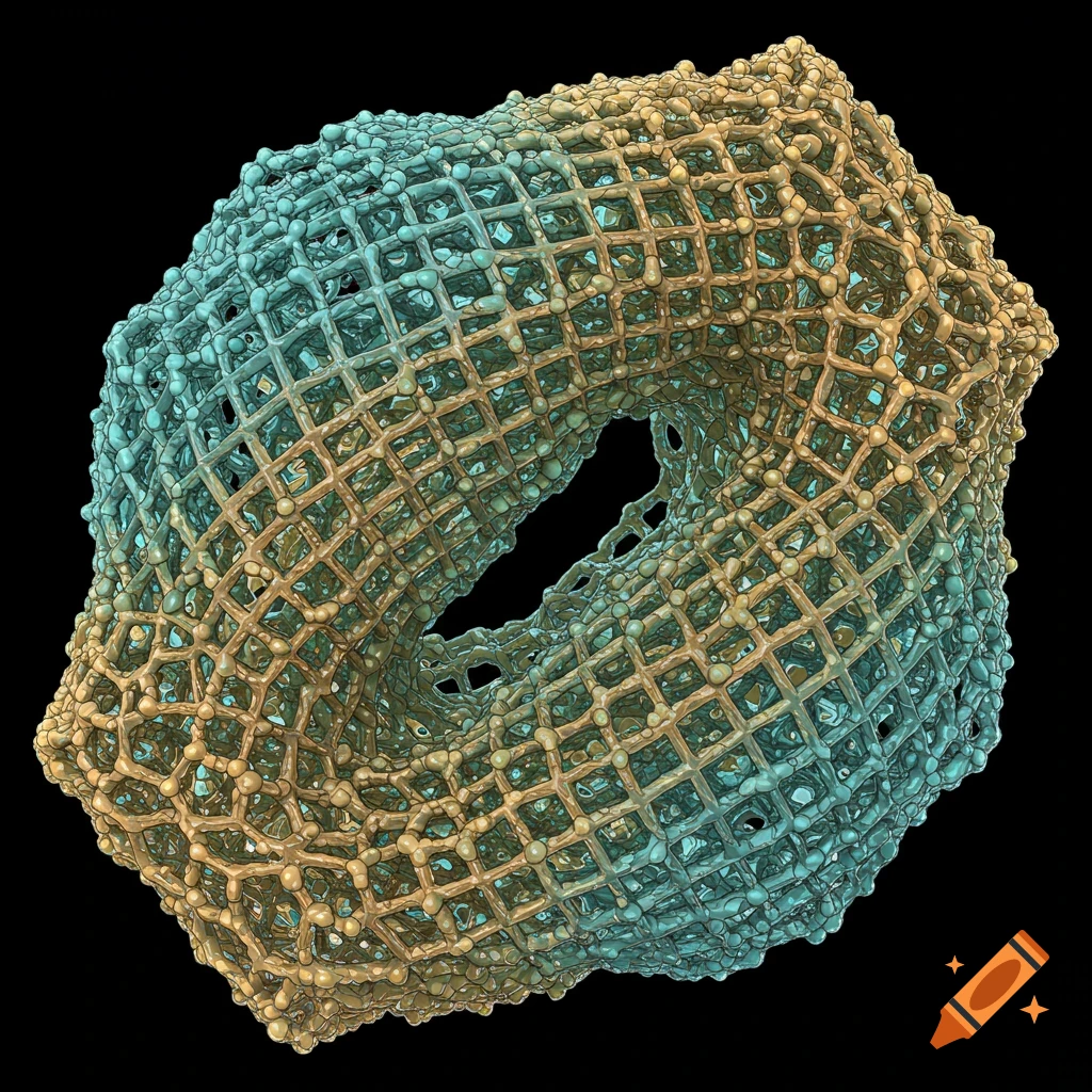 3D illustration of a gold and blue dual-network hydrogel structure