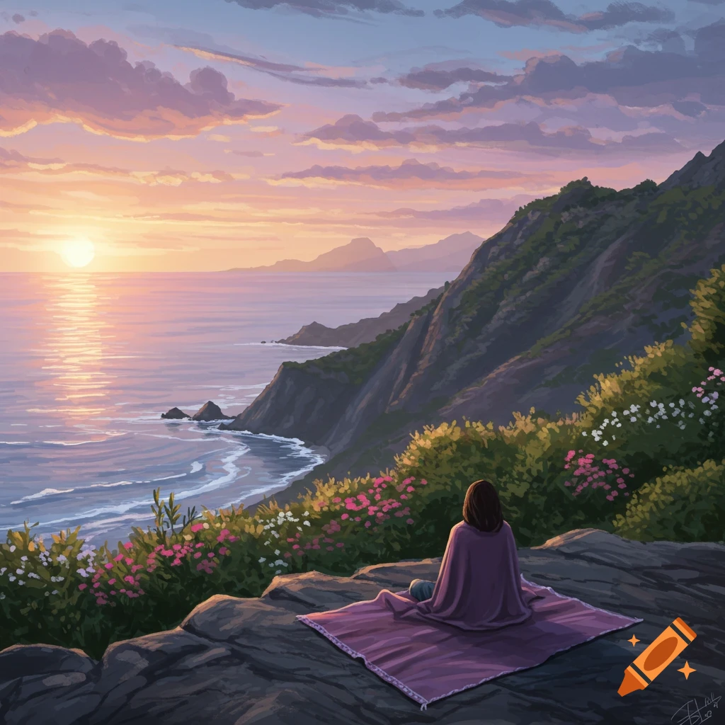 A person sits on a cliff, watching the sunrise over the ocean, with flowers nearby.