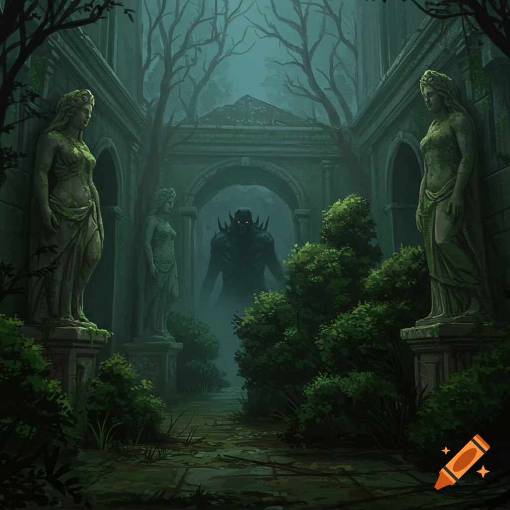 An overgrown ancient courtyard with statues and a dark monster lurking in the fog.