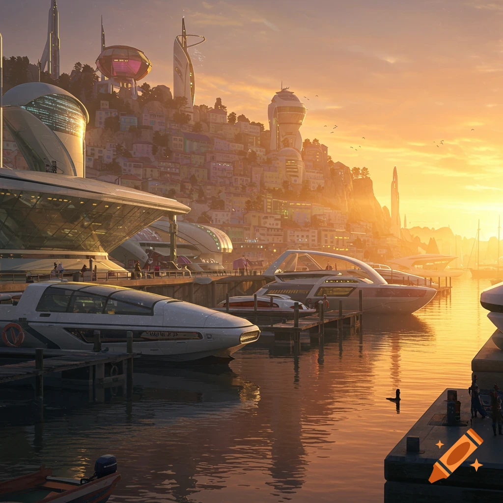 A futuristic harbor town with sleek boats at sunset.