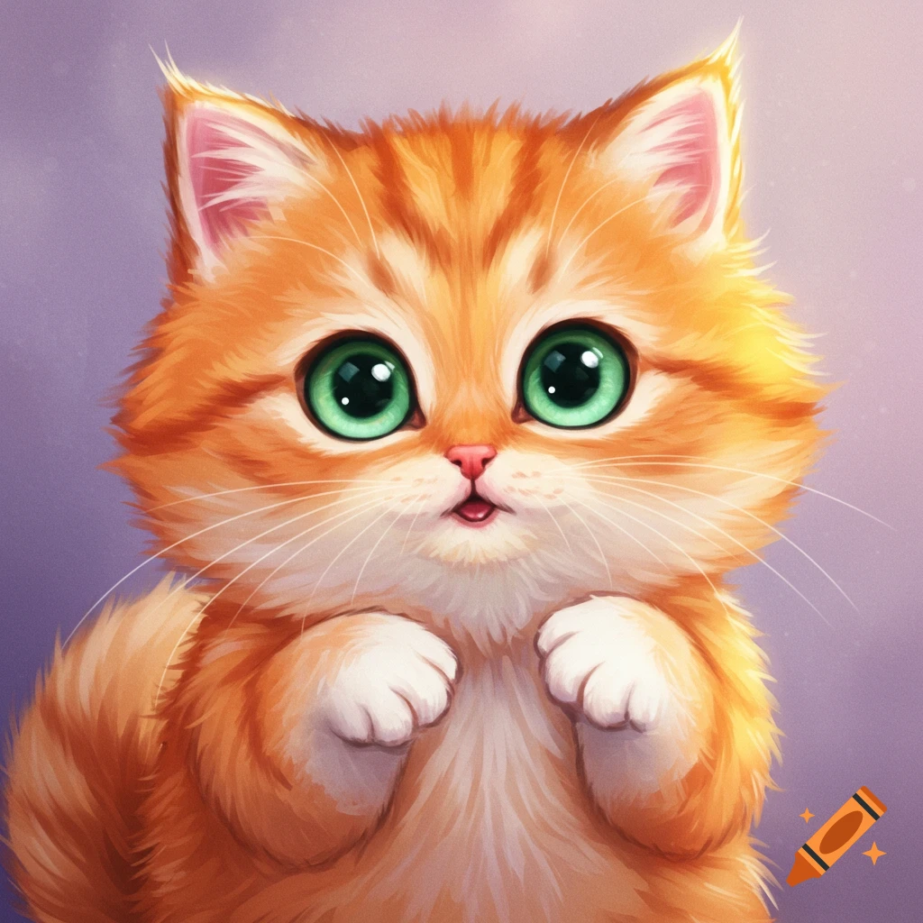 A cute orange tabby kitten with large green eyes, looking forward with paws raised.