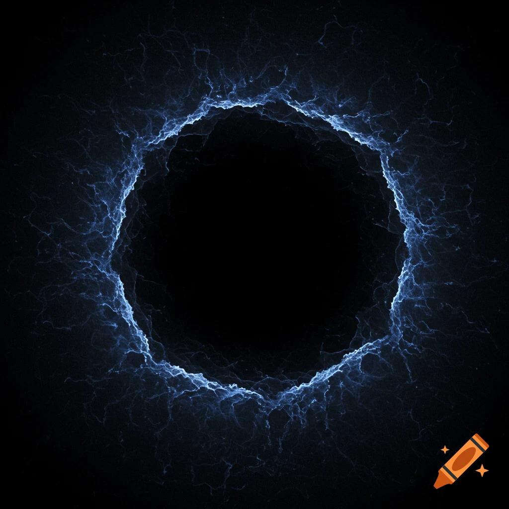 An abstract dark void surrounded by swirling blue energy.
