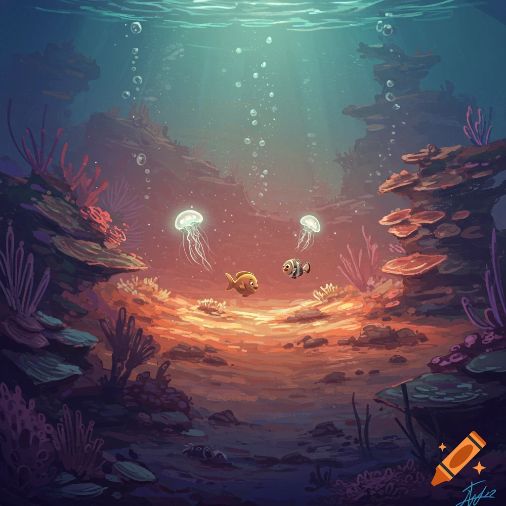 An underwater reef scene with two fish and two jellyfish swimming in sunlight.