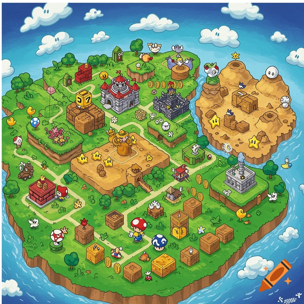 A cartoonish Super Mario world map with characters, castles, pipes, coins, and enemies on islands.