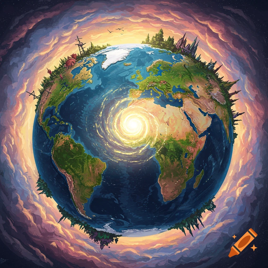 Stylized fantasy image of planet Earth seen from space with clouds and a spiral center.