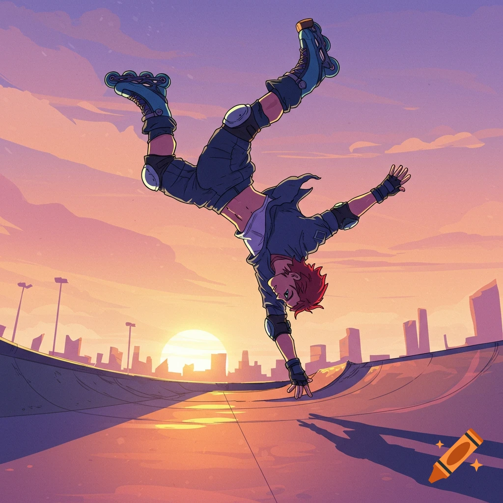 Illustration of a rollerblader doing an aerial trick in a skate park at sunset