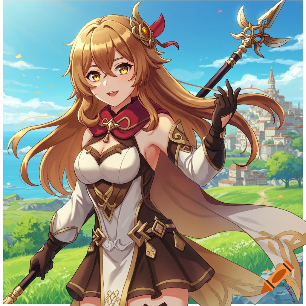 Anime woman with blonde hair and golden eyes in fantasy outfit holding a spear against a landscape with a city and sea.