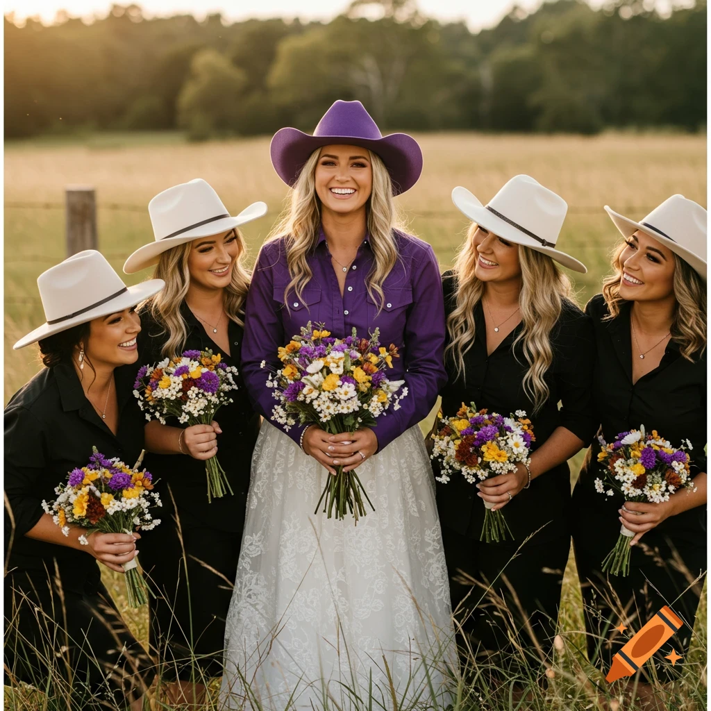 Bride in purple cowboy hat and shirt with bridesmaids in black shirts and white hats holding bouquets in a field