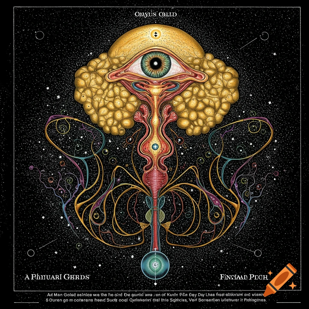 A surreal, psychedelic illustration of a cosmic eye and brain-like structure surrounded by stars.