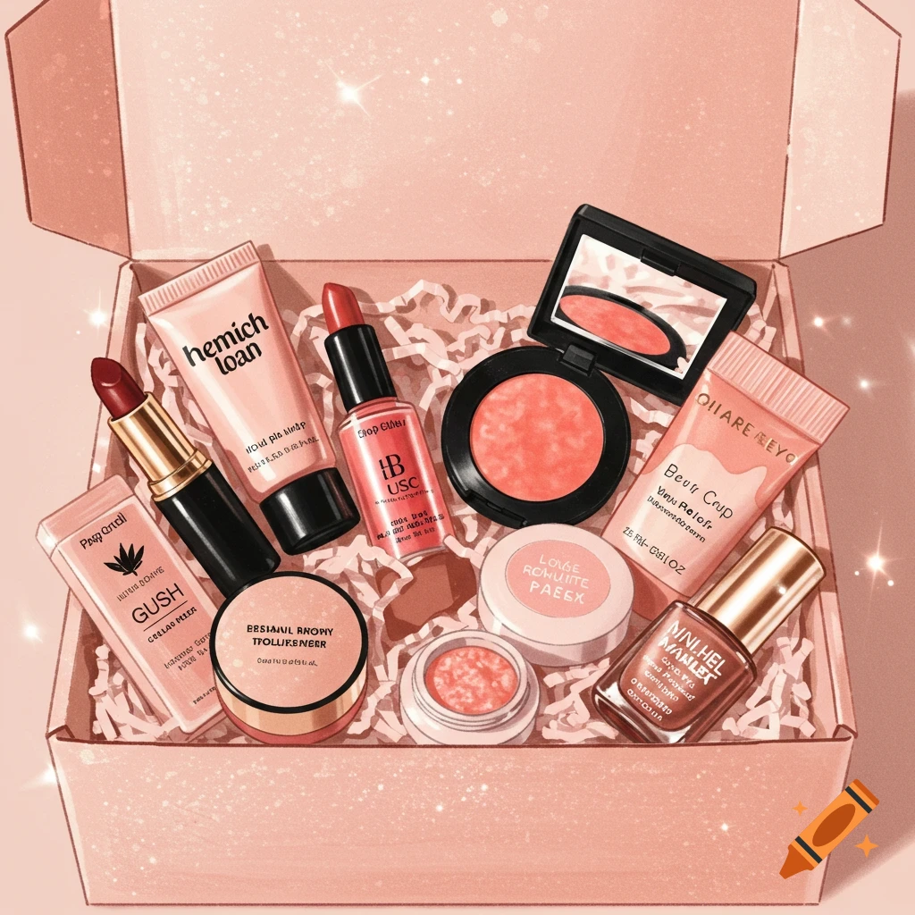 A pink subscription box filled with makeup and cosmetics