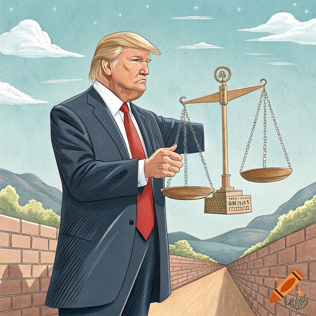Illustration of Donald Trump holding scales on a path alongside a brick wall