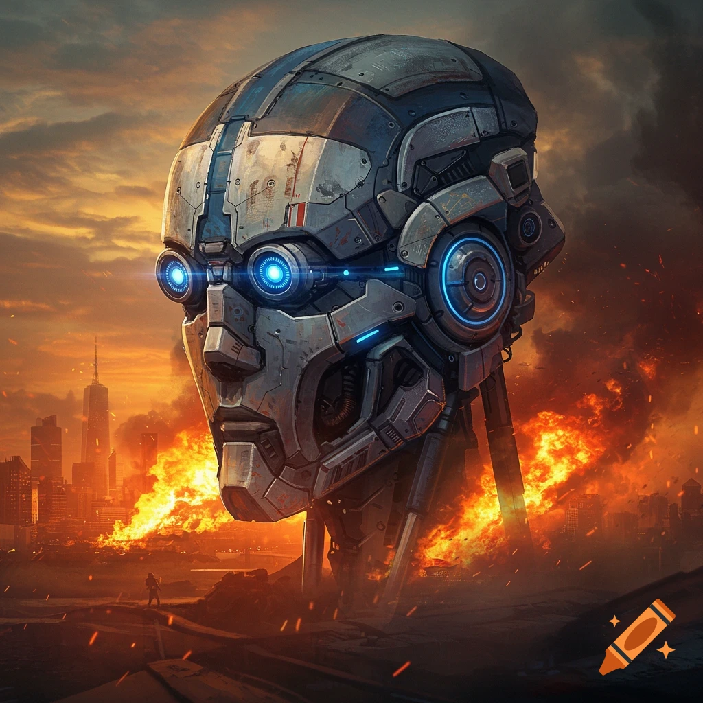 A large robot head towers over a burning city landscape.