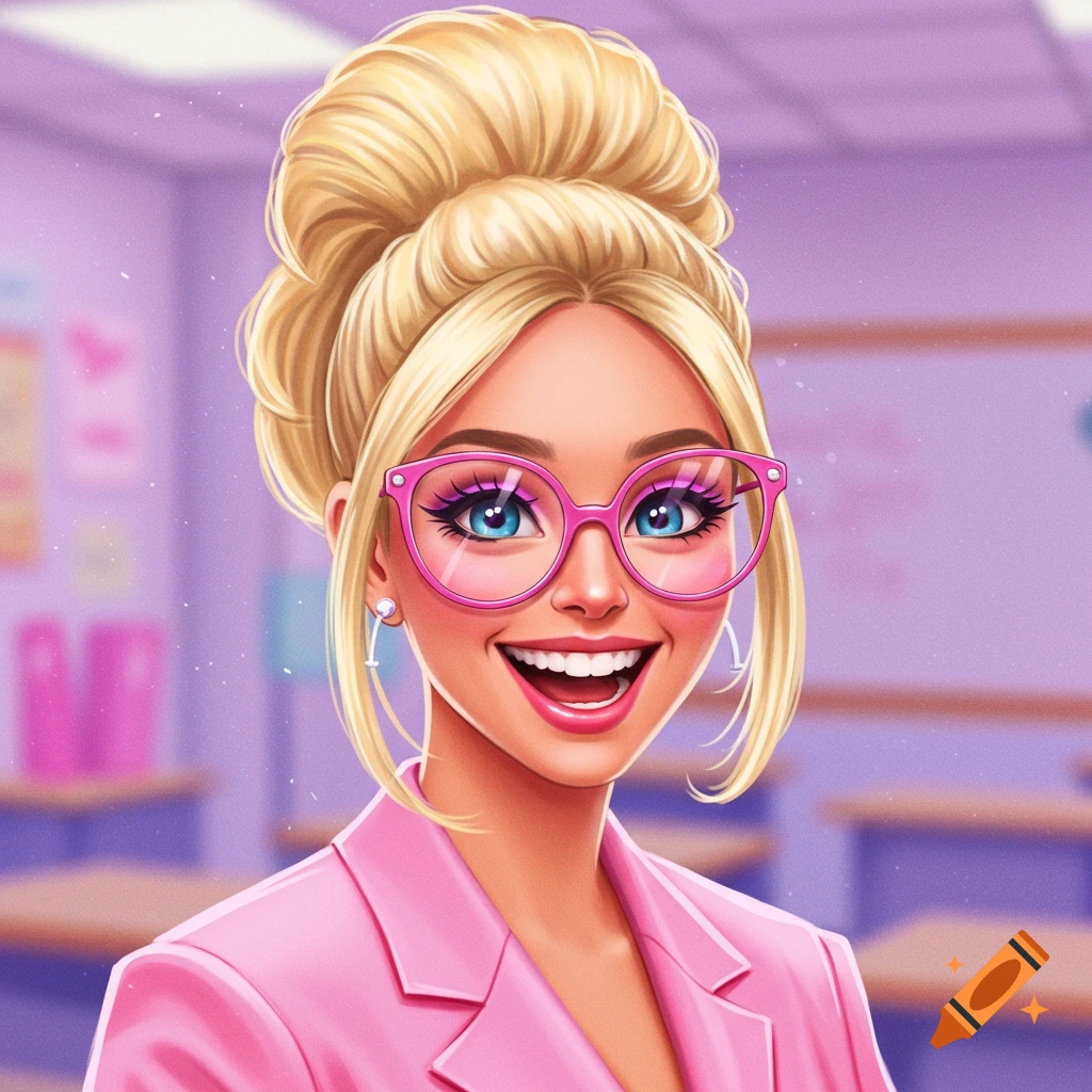 A smiling blonde teacher with glasses and a pink blazer in a classroom.