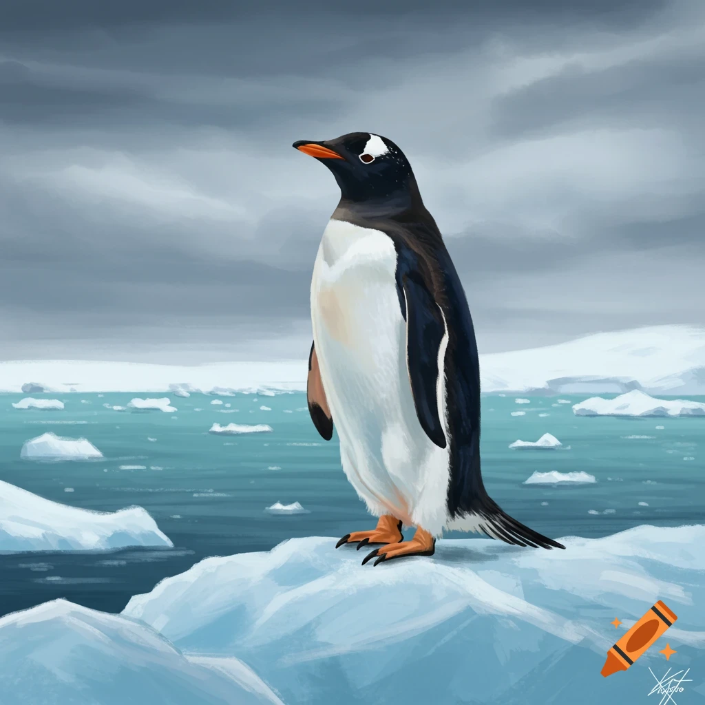 A penguin stands on an ice floe in stormy waters.