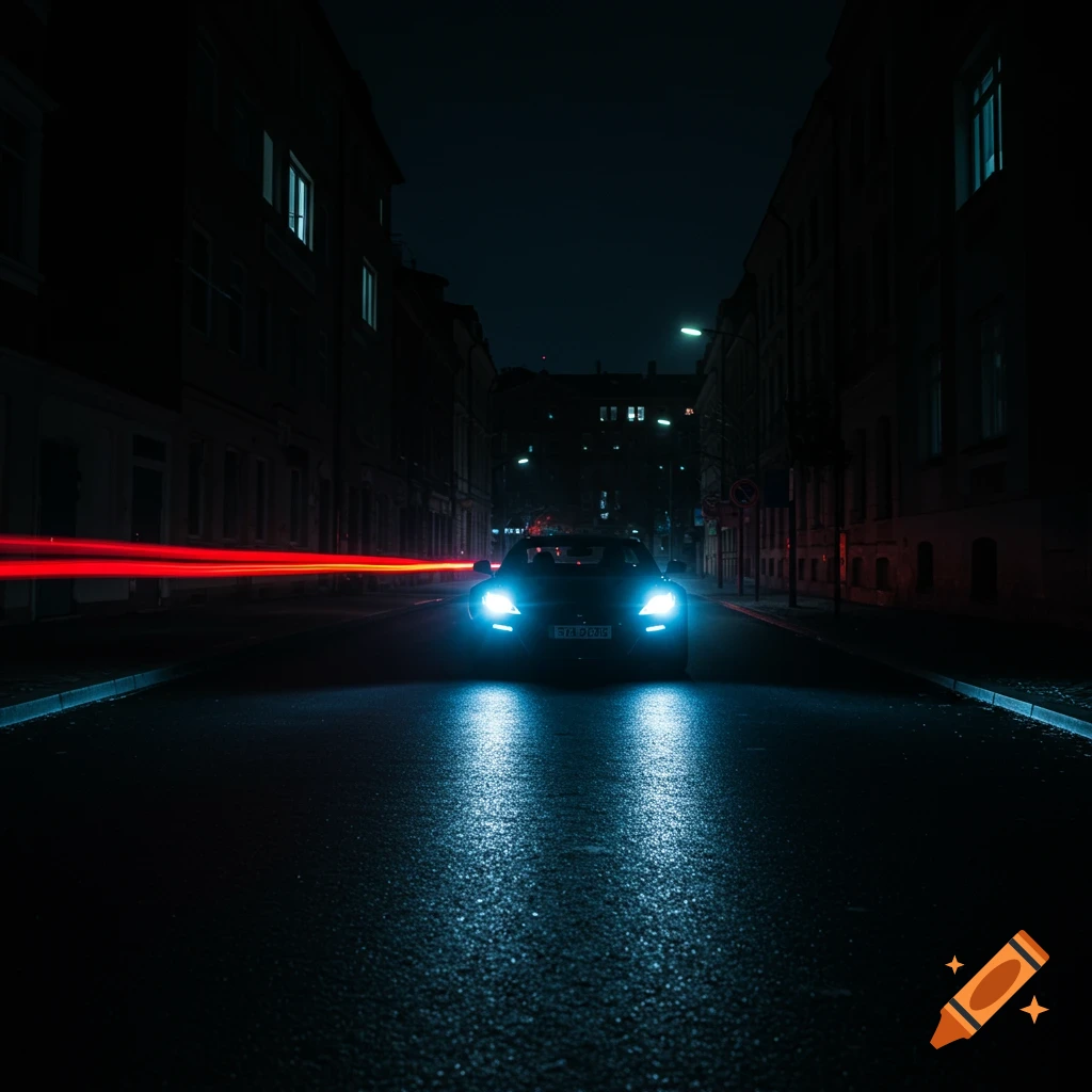 A car drives down a wet street at night with bright headlights and red light trails.