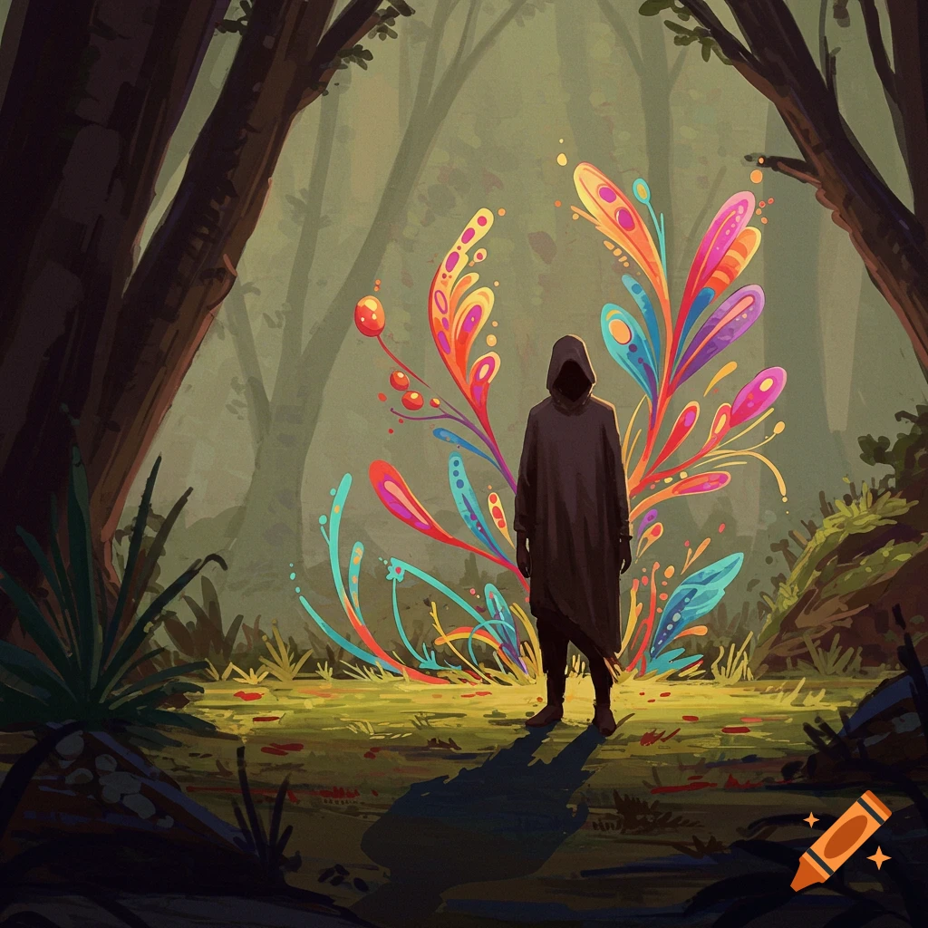 A hooded figure stands in a forest with a vibrant abstract form behind them.