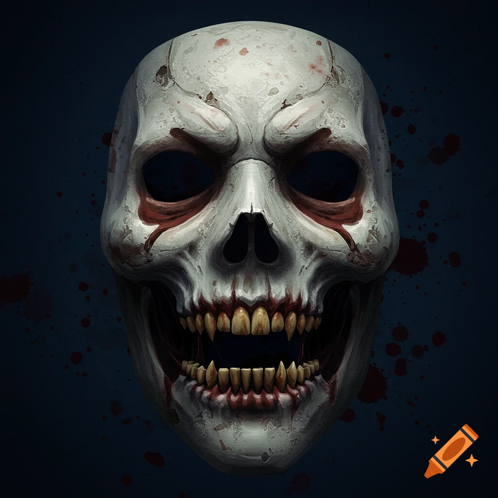 A white skull mask with red blood splatters and jagged teeth on a dark background.