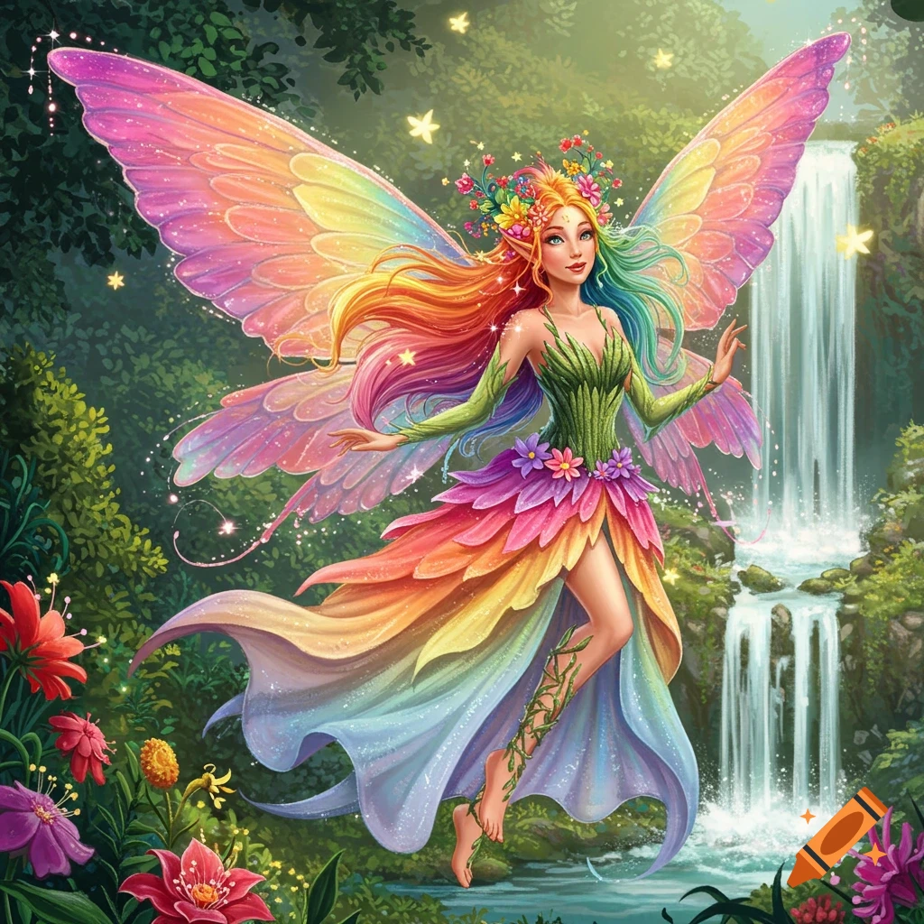 A rainbow fairy with large wings stands in a forest with a waterfall.