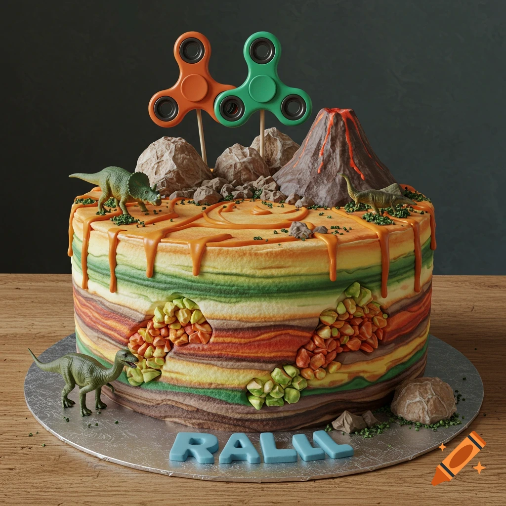 Geology-themed birthday cake with dinosaurs, a volcano, rocks, and fidget spinners.