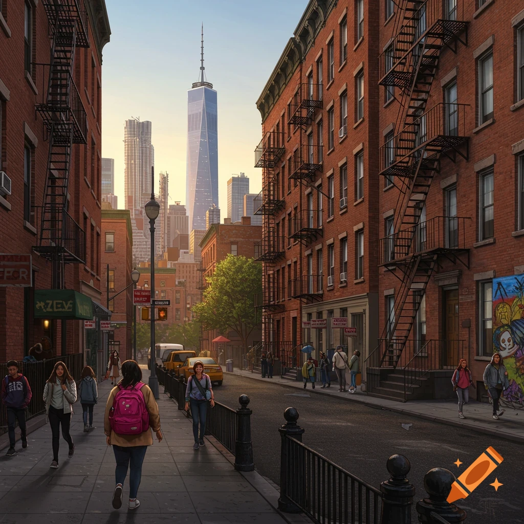 A New York City street scene with brick apartment buildings, people walking, and the Freedom Tower in the background.