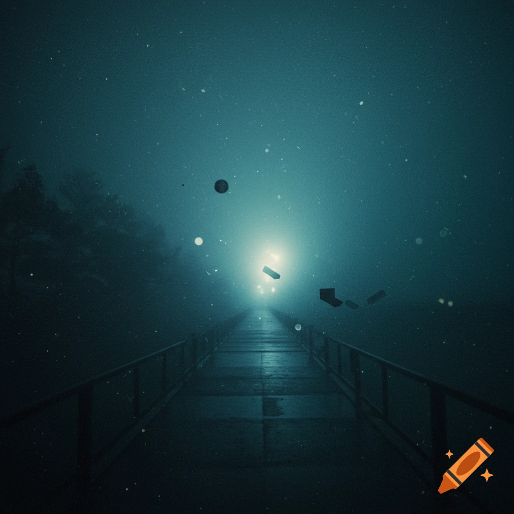 A dark, foggy path or bridge extends into the distance towards a glowing light with abstract shapes floating in the air. The image has a grainy, surreal style.