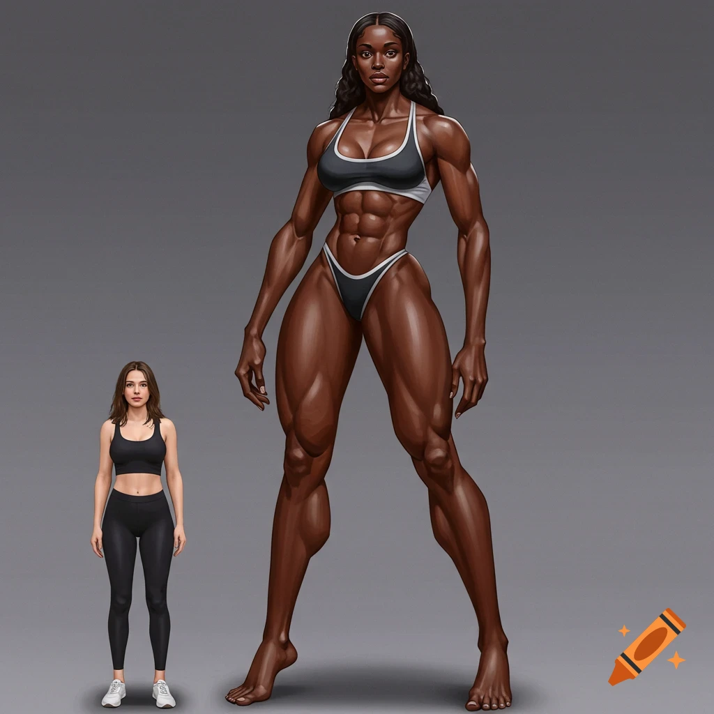 A large, muscular woman stands next to a smaller woman in athletic wear.