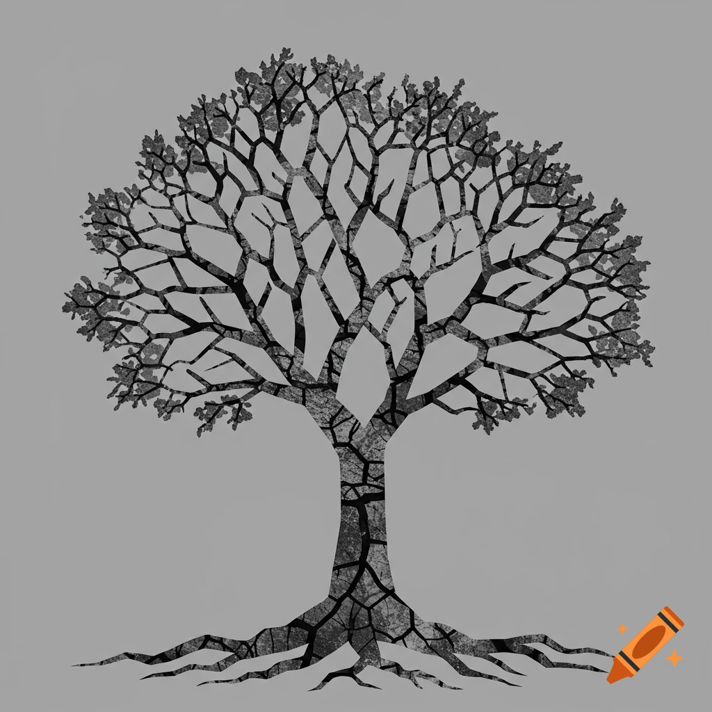 A minimalistic illustration of a tree and roots formed by dark, cracked patterns against a grey background.