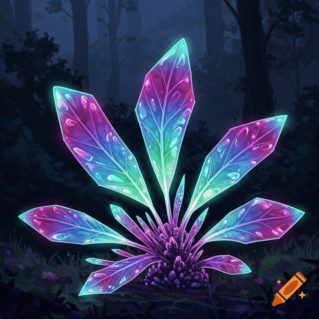 A glowing, colorful crystal plant in a dark forest.