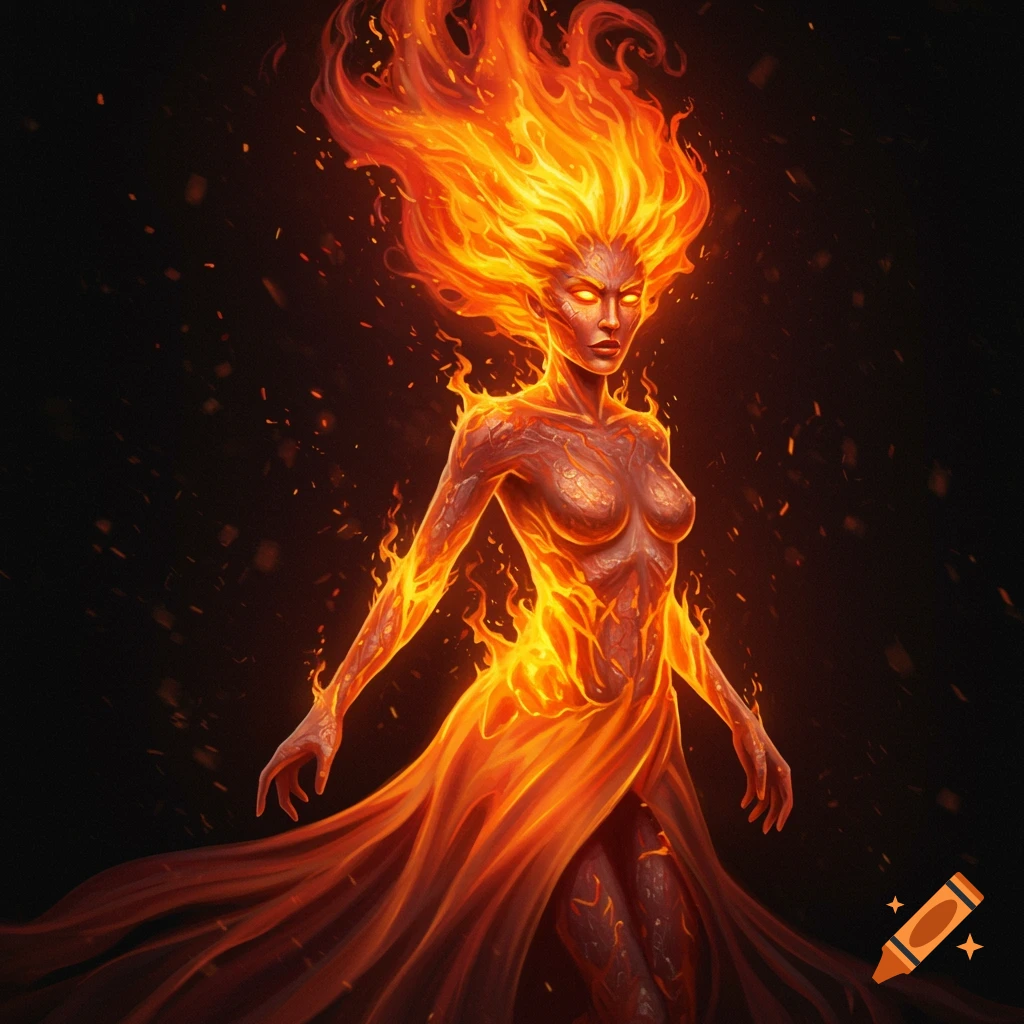 Flame Woman made of fire and embers in a flowing gown.