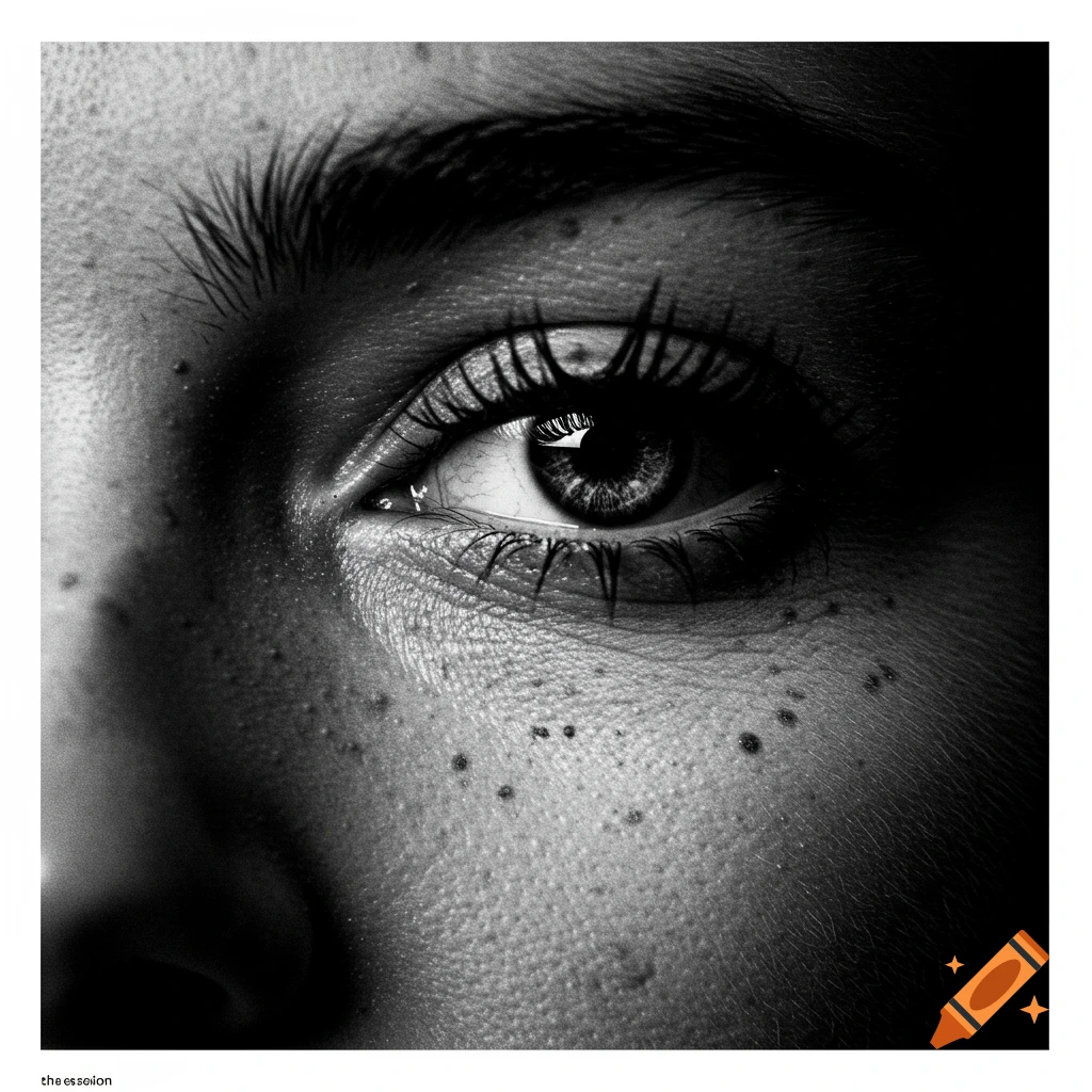 Close-up black and white photo of a human eye and detailed skin texture.