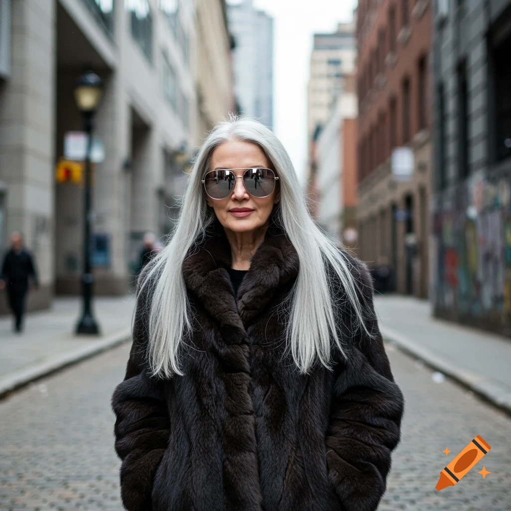 A woman with long gray hair and sunglasses wears a fur coat and stands on a cobblestone street in a city.