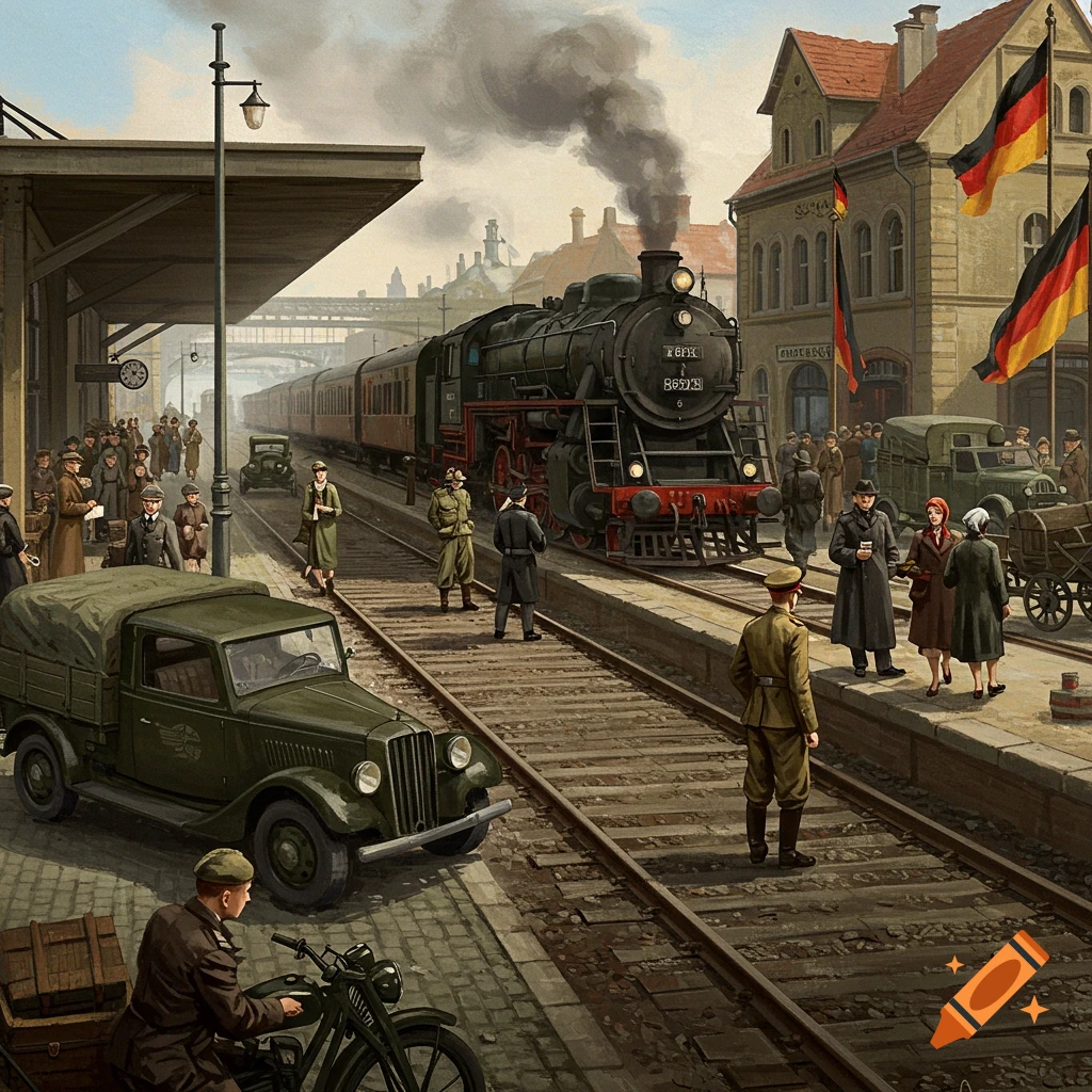 A steam train arrives at a busy station in Germany in 1939, filled with people, vehicles, and flags.