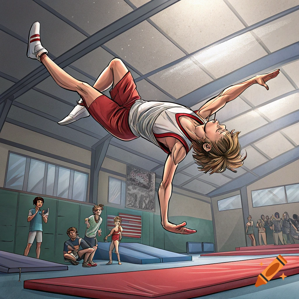 A young person performs a backflip high in the air in a gymnasium, while others watch.