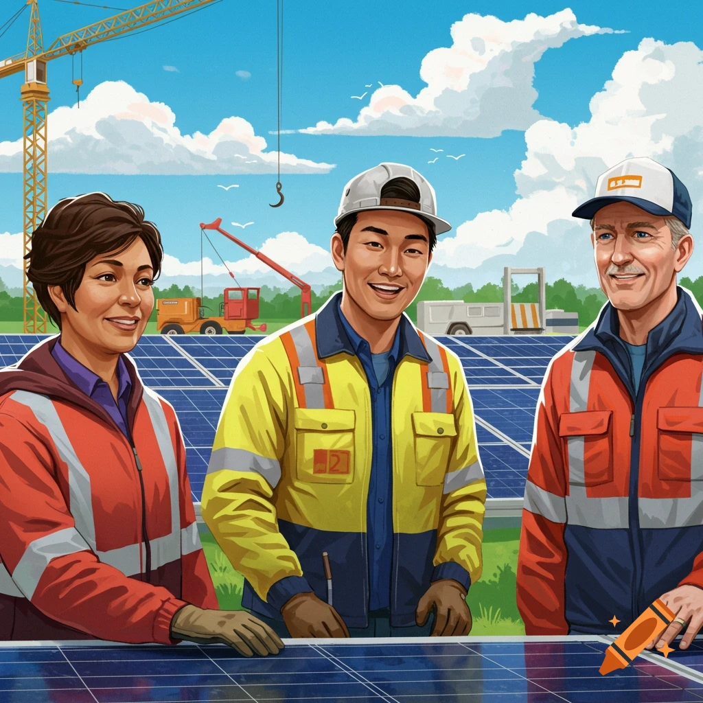 Illustration of three solar panel pros at a construction site