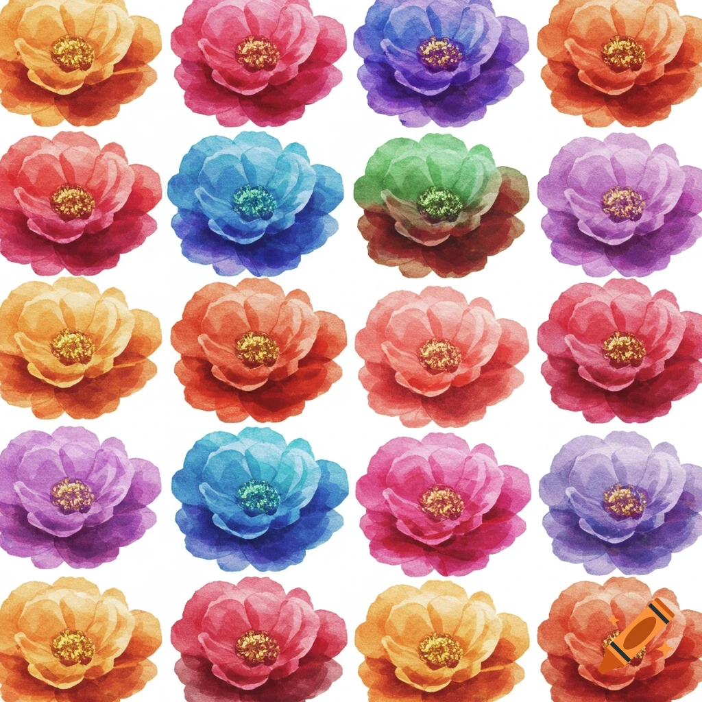 A grid pattern of multiple vibrant watercolor flowers in various colors including red, pink, blue, purple, green, and orange.
