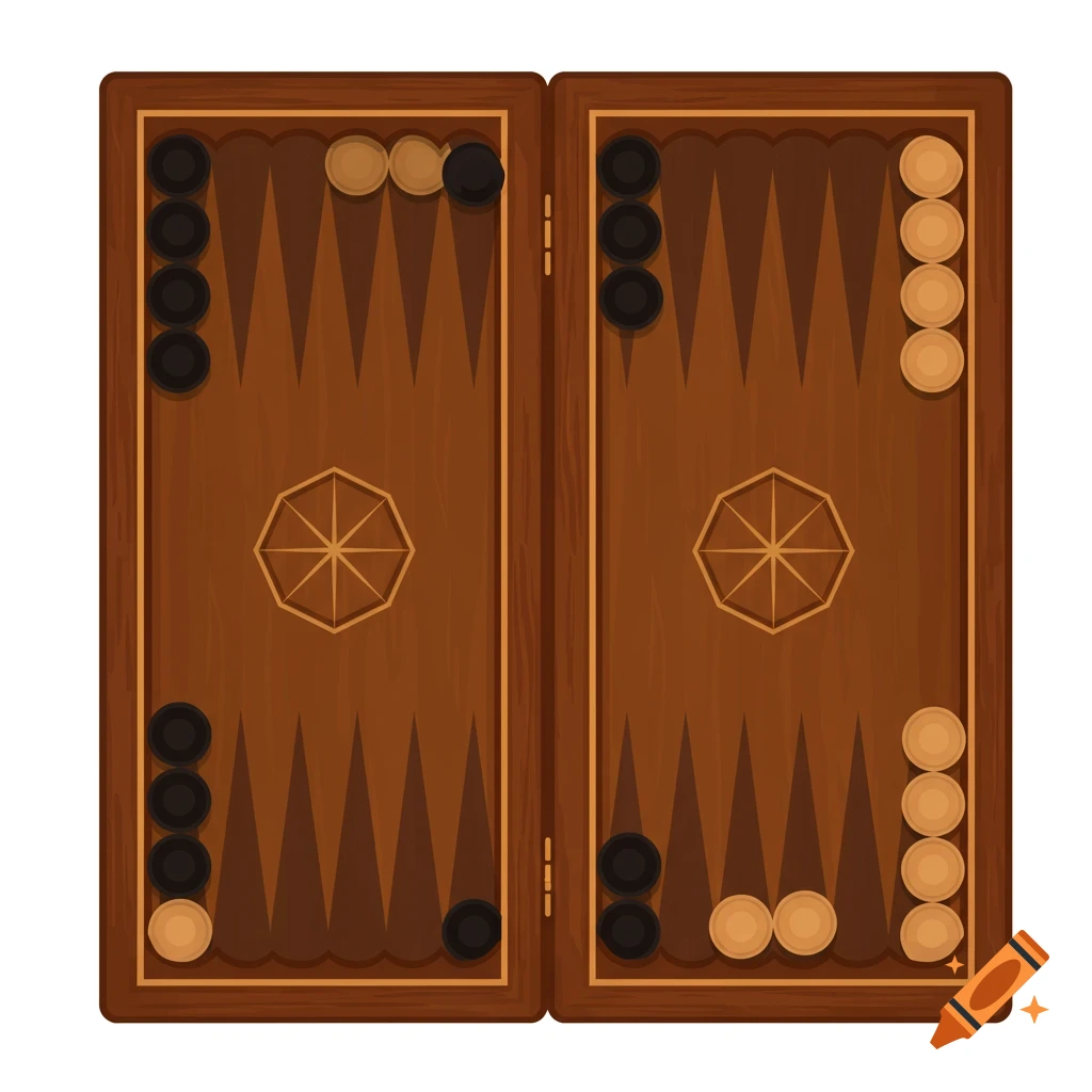 A top-down 2D illustration of an open backgammon board with checkers.