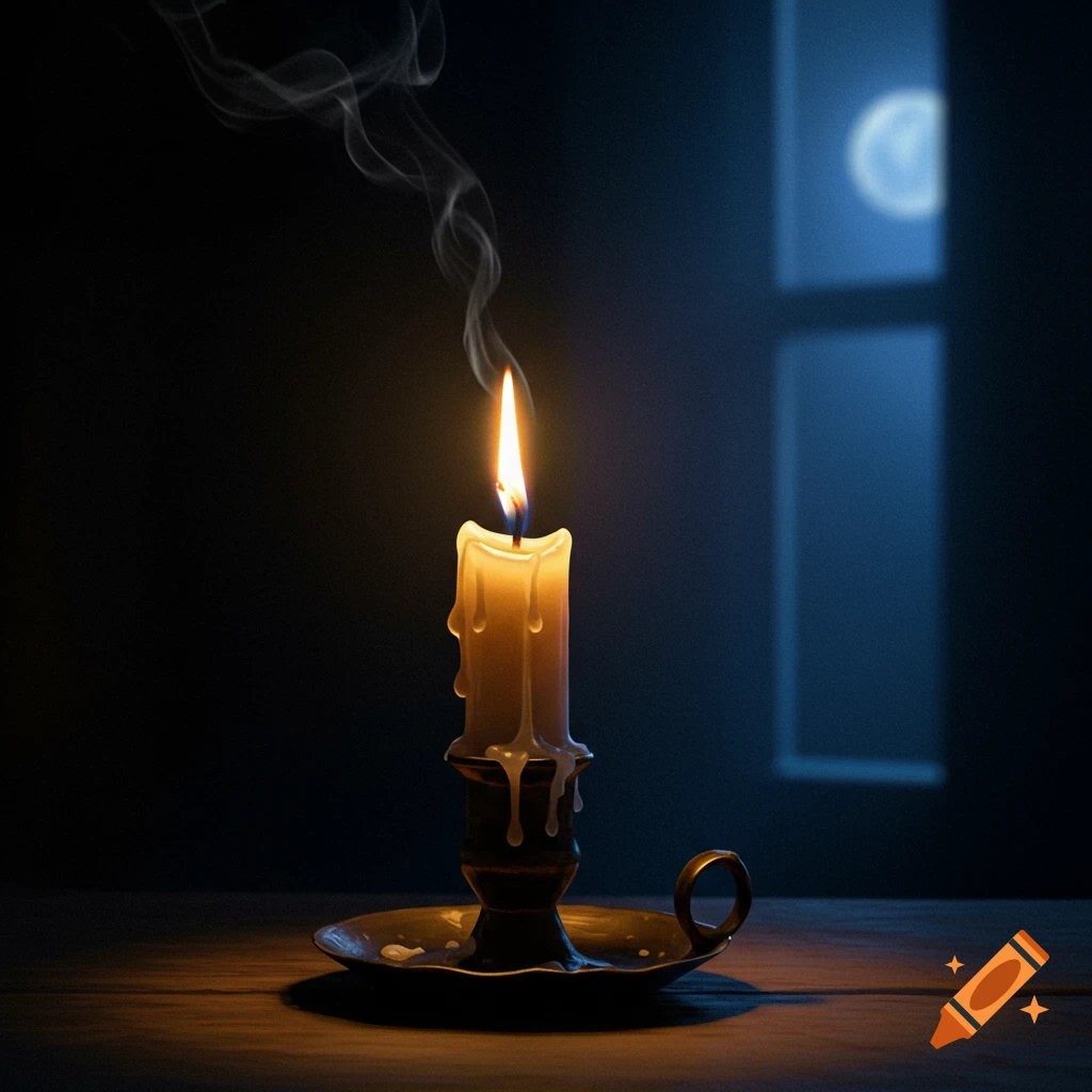 A lit candle in a metal holder on a wooden table with smoke rising, a blurry moon visible through a window in the dark background.