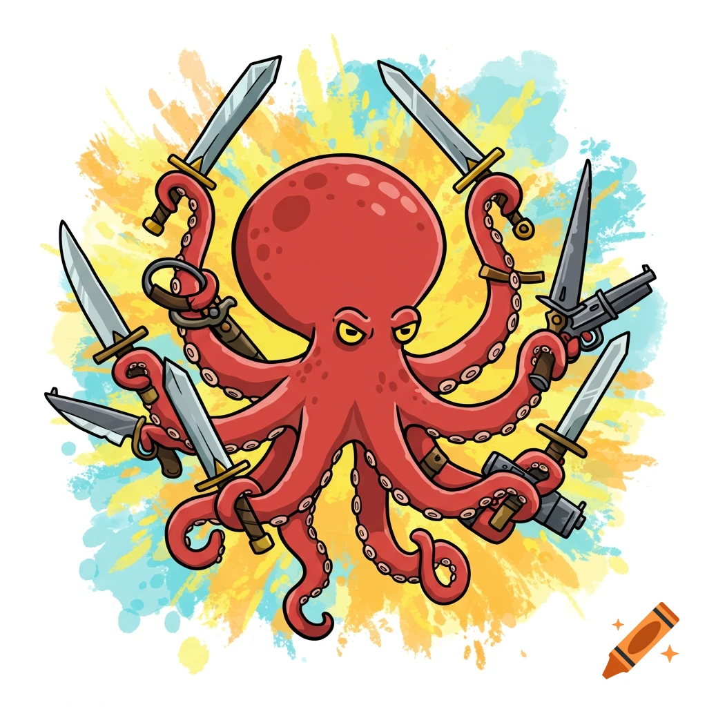 A cartoon red octopus holding swords, knives, and guns in its tentacles with a yellow and blue background.