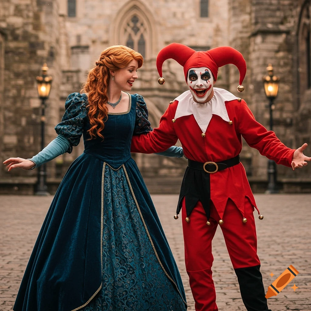 A princess in a blue dress stands with a jester in a red costume outside a stone building.