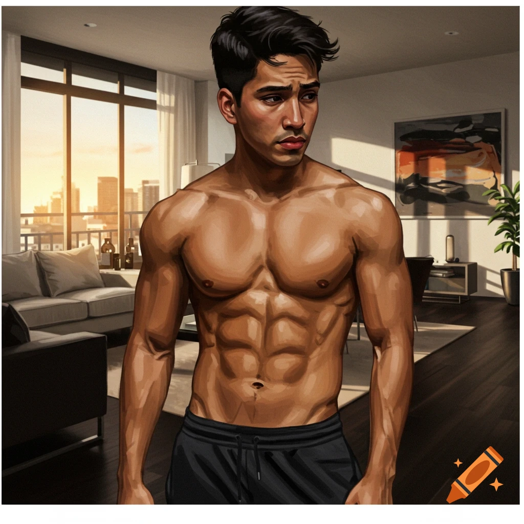 A muscular young man looks sad while standing in a modern apartment.