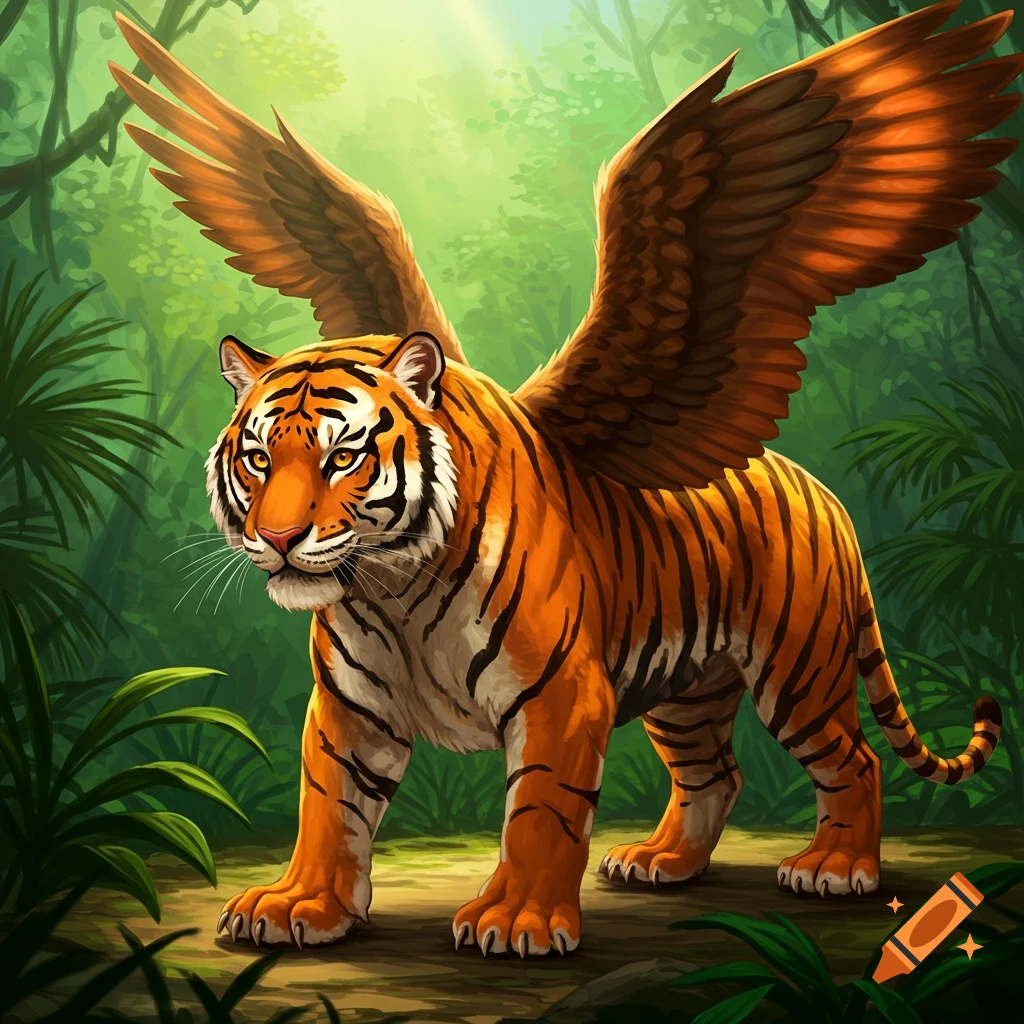 A winged tiger stands in a jungle.